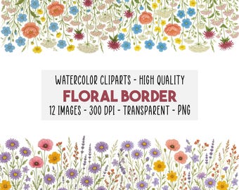 12 Watercolor Wildflower Border Clipart, Transparent Floral PNG Set