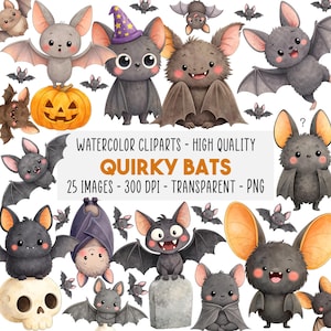 Può includere: Una collezione di immagini clipart ad acquerello con pipistrelli eccentrici in varie pose. I pipistrelli sono raffigurati con espressioni e dettagli carini, alcuni con cappelli o con zucche. Il testo recita "QUIRKY BATS" e "WATERCOLOR CLIPARTS".
