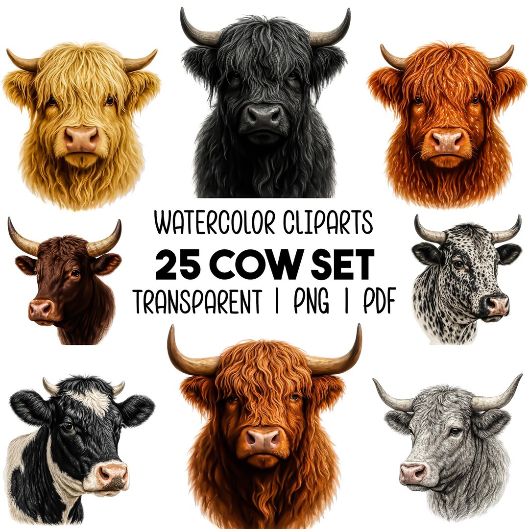 25 Farm Cow Clipart Bundle, Watercolor Cow Illustrations, PNG & PDF ...