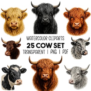 25 Farm Cow Clipart Bundle, Watercolor Cow Illustrations, PNG & PDF, Digital Download, Includes Highland Cows, Junk Journal, Commercial Use