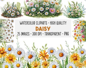 25 Watercolor Daisy Border Clipart PNG Set, Boho Floral Flowers for Wedding DIY Craft, Printable Art, Instant Download Commercial Use