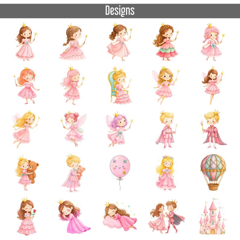 75 Cute Pink Princess Clipart PNG Set, Watercolor Princess, Prince ...