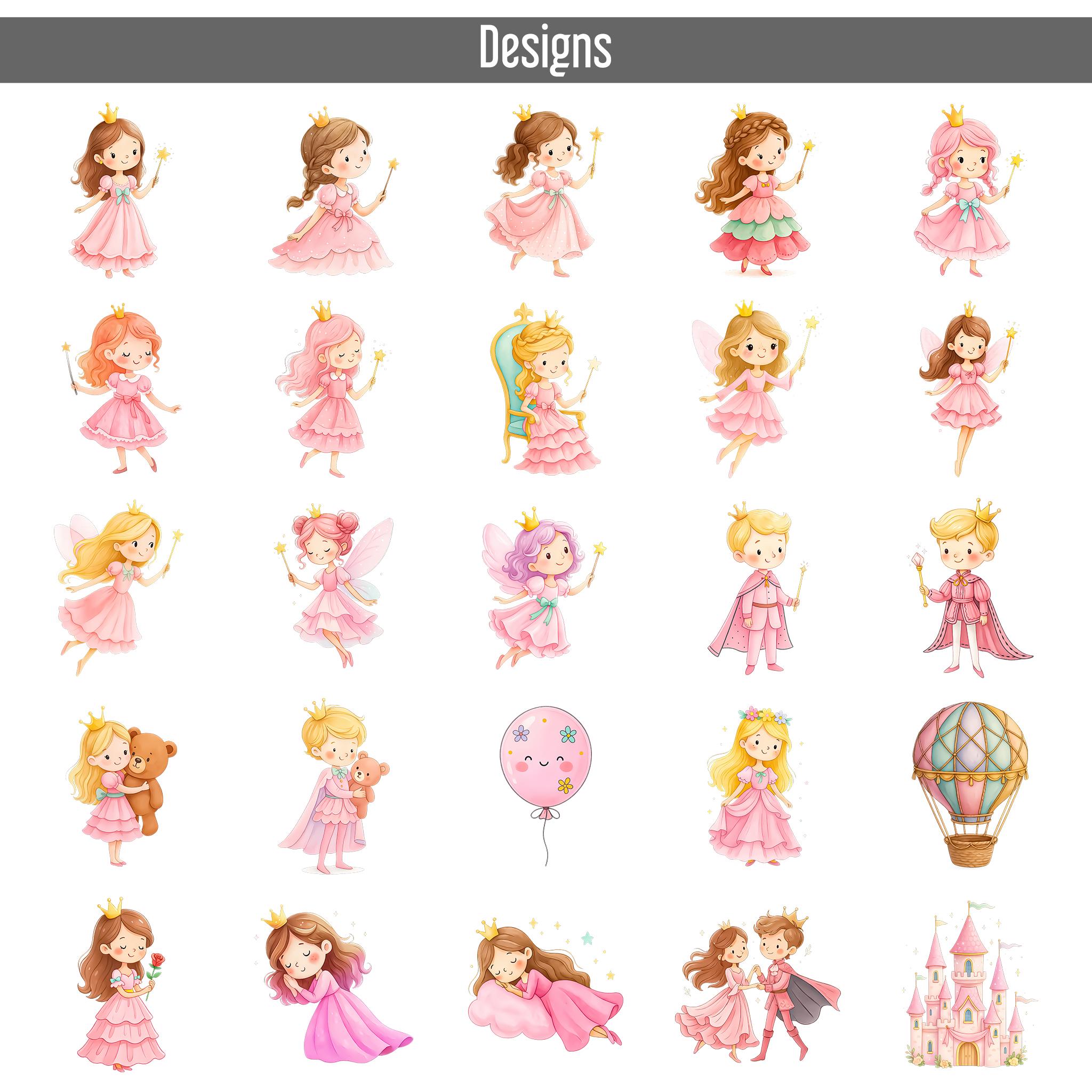 75 Cute Pink Princess Clipart PNG Set, Watercolor Princess, Prince ...