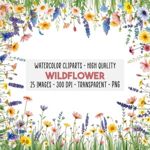 25 Watercolor Wildflower Border PNG, Pastel Boho Bloemen Clipart Set, Botanisch Frame voor Uitnodigingen, Bruiloftsclipart Bundel