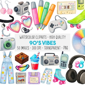 Puede incluir: Conjunto de imágenes prediseñadas de acuarela con temática de los 90, que presenta una cinta de cassette, patines, un CD, una videocámara y un mando de videojuegos. El texto dice "90'S VIBES".