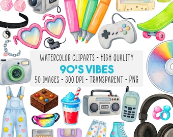 50 90s Retro Clipart PNG Set, Y2K Aesthetic, Nostalgia Icons, Vintage Skate, Gameboy, Cassette, Camera, Fashion Elements, Instant Download