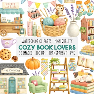 May include: A watercolour illustration set with a cosy book lovers theme. Features a coffee cart, a typewriter, a basket of yarn, an owl, a stack of books, a pumpkin, a bookstore, a cat, and other related items.