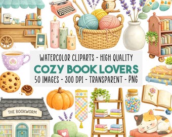 50 Cozy Book Lovers Clipart PNG Pastel Bücherstapel, Süßer Buchladen, Kaffee Herbst Ästhetik, Herbstlesen, Planner Sticker, Instant Download