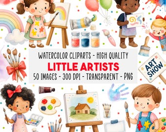 Könnte beinhalten: Aquarell-Cliparts mit Illustrationen von malenden Kindern, Kunstzubehör und dem Text "LITTLE ARTISTS". Die Bilder zeigen Staffeleien, Farbpaletten, Pinsel und bunte Luftballons. Das Gesamtthema ist Kunst und Kreativität.