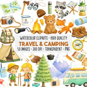 Peut inclure: Ensemble de cliparts aquarelle sur les thèmes du voyage et du camping. Comprend une carte, une hache, des jumelles, une tasse, un ours, un renard, une tente, un sac à dos, une boussole, une lanterne et d'autres éléments de plein air. Le texte indique "TRAVEL & CAMPING".