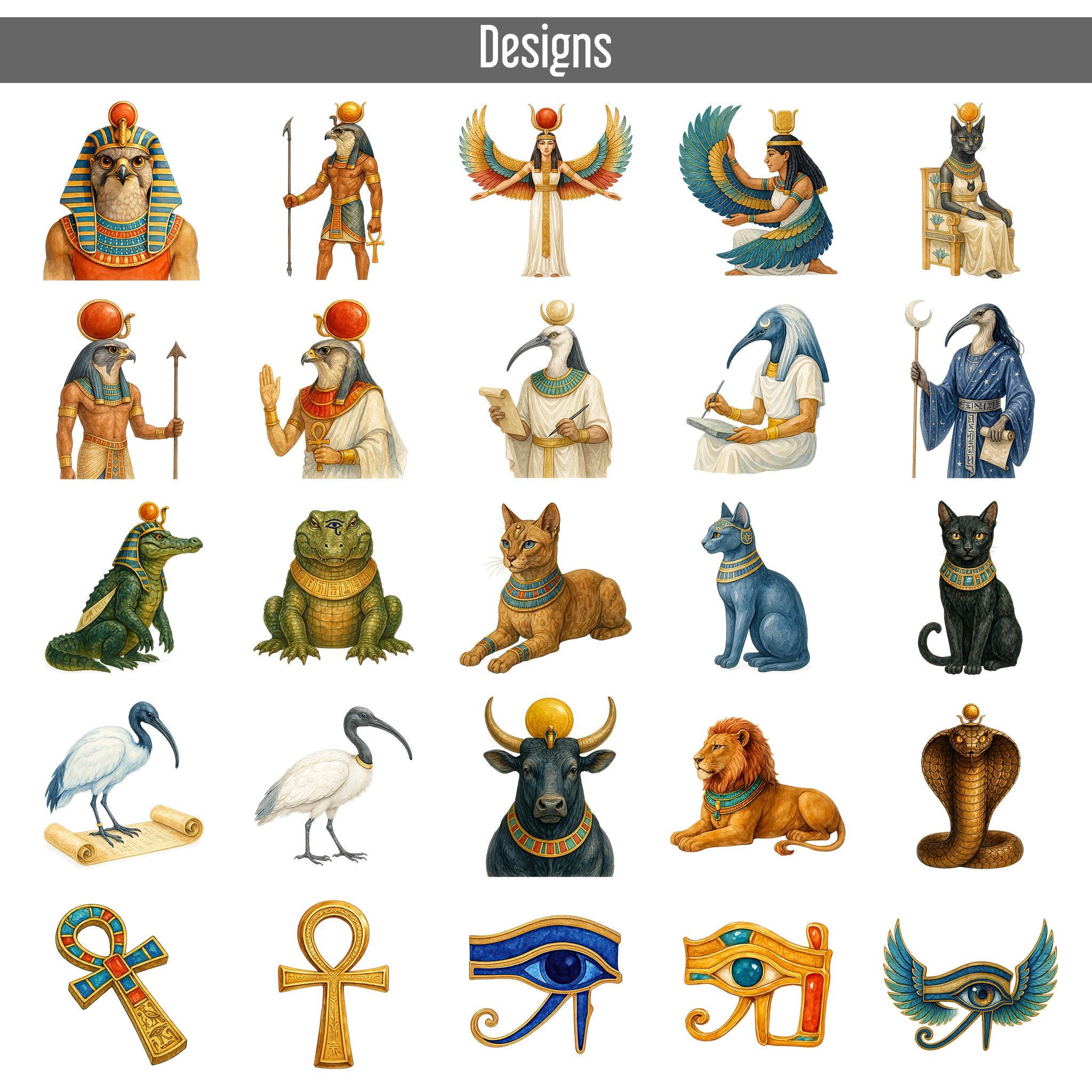 75 Watercolor Ancient Egypt Clipart Bundle, Pharaohs, Gods, Pyramids ...