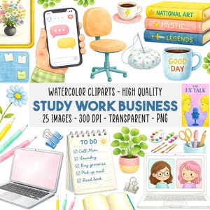 Op de afbeelding: Waterverf clipart set met studie-, werk- en zakelijke thema's. Bevat een smartphone, een bureaustoel, boeken, een koffiekopje, een laptop en een takenlijst. De tekst op de afbeelding luidt "STUDY WORK BUSINESS".