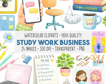 25 Study Work Business Clipart PNG, Biurko Office, Naklejki Planner Girl Boss, Rutyna Produktywności, Cyfrowy, Natychmiastowe Pobranie