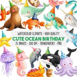 Op de afbeelding: Waterverf clipart met diverse zeedieren, waaronder een zeehond, walvis en krab, allemaal met feesthoeden. De tekst luidt "CUTE OCEAN BIRTHDAY". De afbeeldingen zijn kleurrijk en speels, perfect voor verjaardagsprojecten.