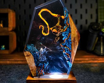 Wizard Demons Resin Lamp: Handmade Epoxy Night Light with LED Staff