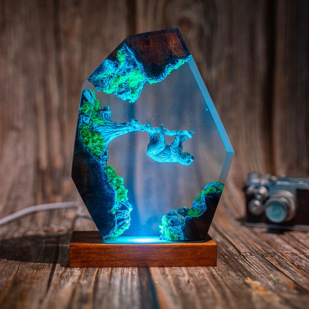 Sloth Resin Night Light: Handcrafted LED Epoxy Lamp With Wood Base - Etsy