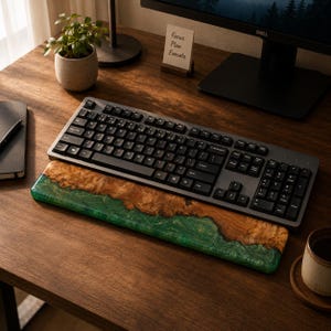 May include: A black computer keyboard positioned above a rectangular wrist rest made of natural wood and translucent green resin. The wrist rest features a swirling, organic pattern where the brown wood grain meets the vibrant green epoxy resin.