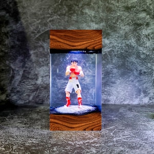 Peut inclure: Bloc de résine décoratif avec une figurine de boxeur. Le boxeur porte des gants, un short et des bottes rouges. Le bloc a un cadre en bois et un centre en résine transparent, créant une pièce d'exposition unique.
