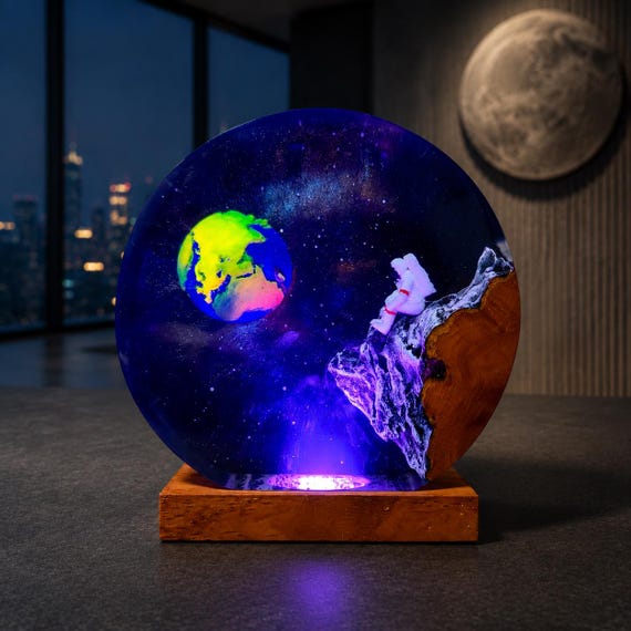 A tiny astronaut perched on the moon with Earth and the galaxy swirling inside the resin beneath him — desk lamp meets hand-crafted space diorama.