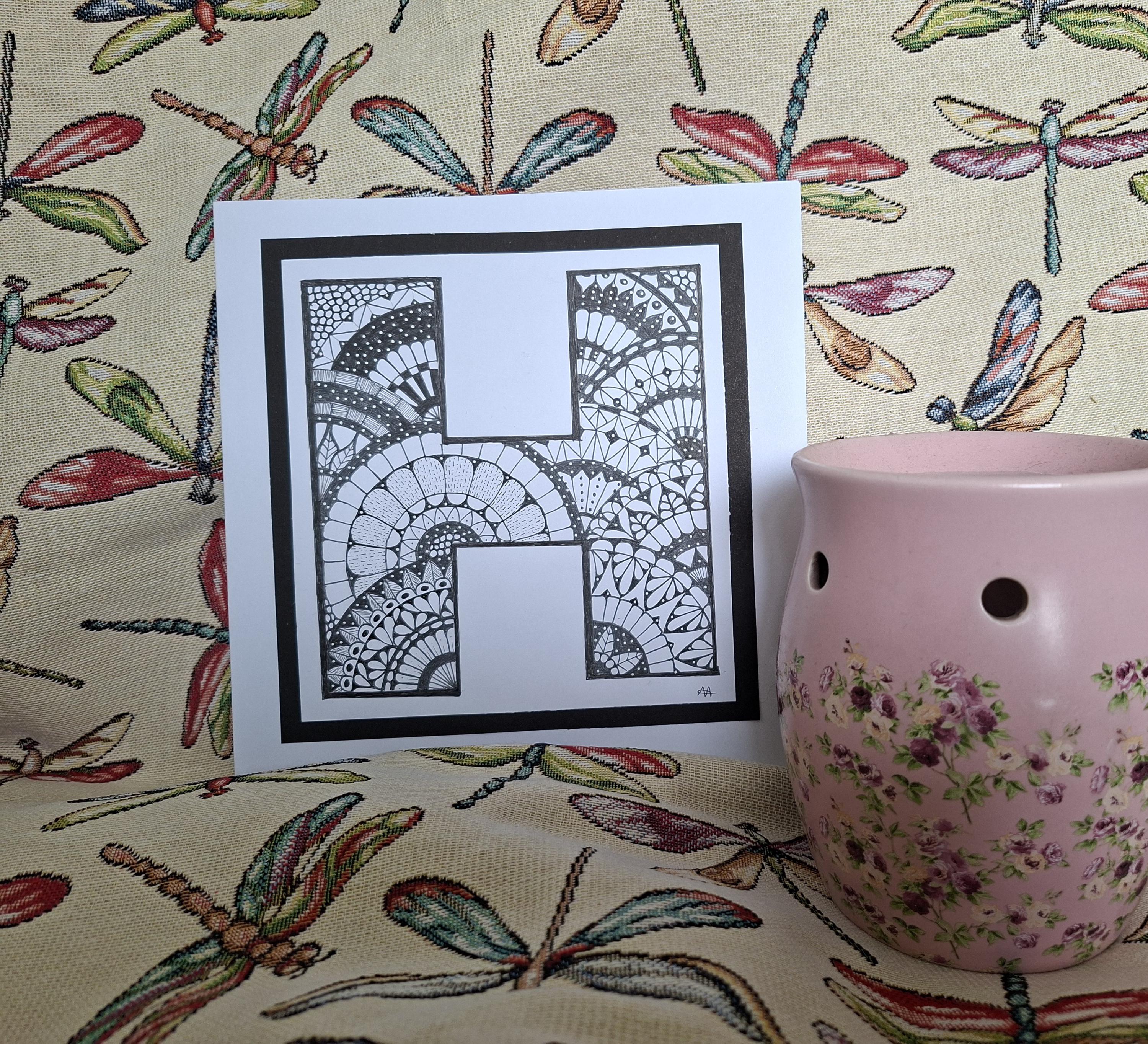 Hand Drawn Letter H Greetings Card: Zentangle Mandala, 8x8 Inches