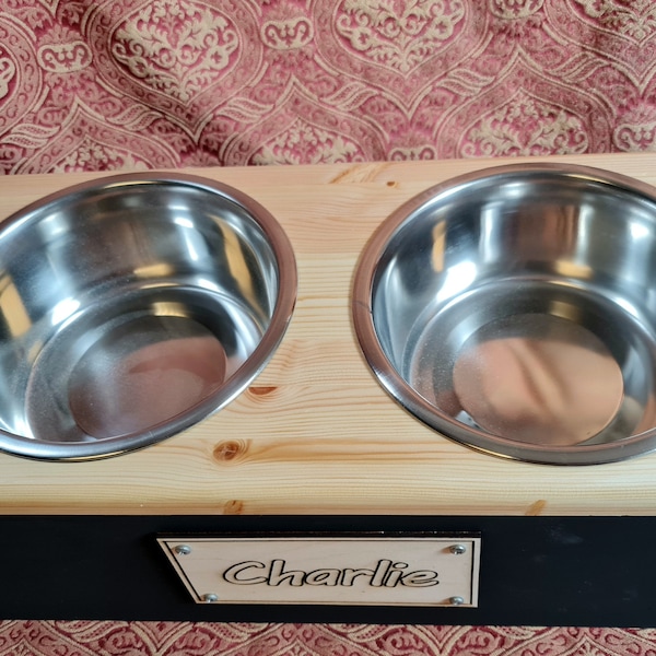 Dog bowl stand with metal bowls, Pet feeding stand, Feed station for dog or cat, Gift for dog or dog owner, solid wood pet food stand