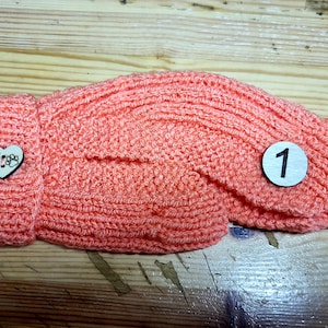 May include: A peach-colored knitted mitten with a heart-shaped button with paw prints on it. The mitten has a number "1" written on it.