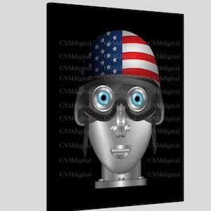 American soldier head, canvas, United States flag helmet, blue eyes, Military, Patriotic soldier portraits, Art, Painting, decor, No Frame