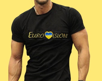 Eurovision Song Contest T shirt, Ukraine country flag, Unisex T-shirt, Heavy Cotton Tee, Eurovision Unisex Clothing, gold color letters..