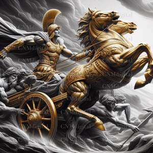 Clipart di un soldato romano che viaggia in carrozza trainata da cavalli. Download immediato di PNG di alta qualità, creazione di biglietti, Impero romano digitale.