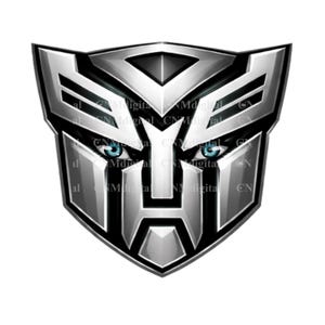 May include: A metallic silver and black shield-shaped emblem featuring a stylised robotic face with sharp geometric lines and two piercing light blue eyes. The design includes repeating watermark text reading CNMdigital across the surface.