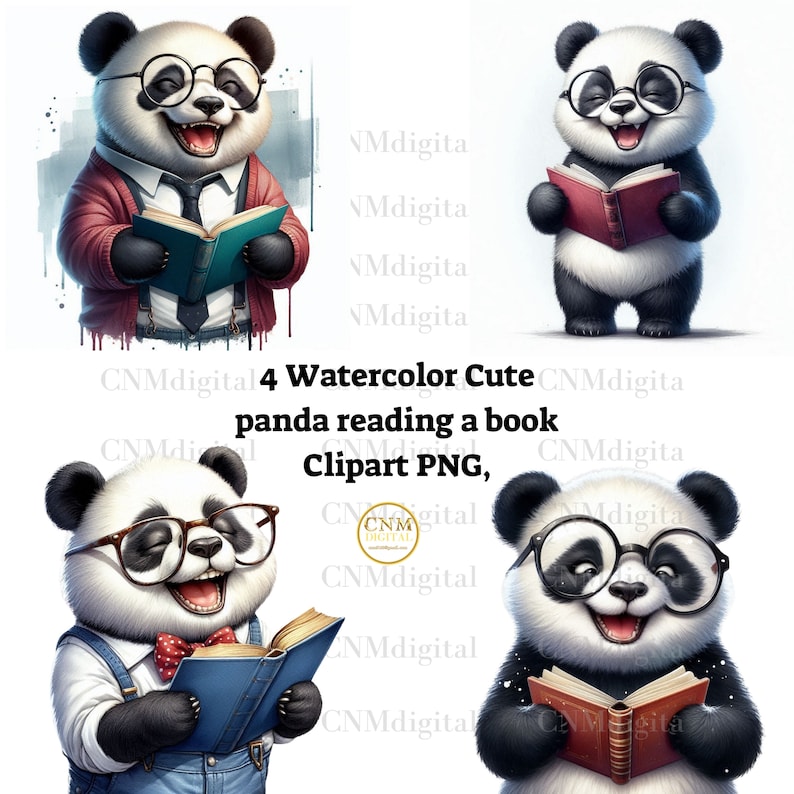 Watercolor Panda Clipart: Reading Panda PNG (digital Download) - Etsy