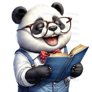Panda aquarel schattige panda clipart 4 panda lezen van een boek gelukkige panda digitale download clipart hoge resolutie transparante PNG-bestand