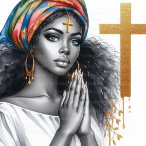 Afro kobieta modląca się ciemne kręcone włosy niebieskie oczy usta pełne złote kolczyki kolorowy szalik złoty krzyż cyfrowy Pobierz sztukę Rysunek PNG