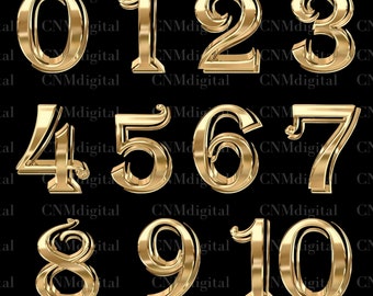 Digital Numbers clipart. gold color, Instant download PNG format. Transparent, digital download printable, 0-10 Numbers ONLY. Not a Font.