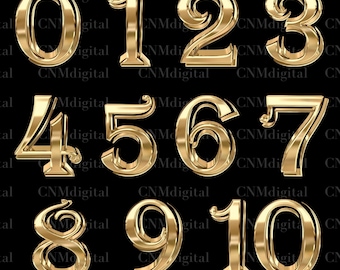 May include: A collection of gold-colored, three-dimensional numbers from zero to ten. Each number has a glossy finish and a decorative, serif font. The numbers are displayed against a black background. The text "CNMdigital" is present.