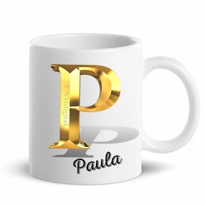 Personalized Initial Mug, Initial Gold letters, initial Name Mug ,Mother&#39;s day, fathers Day, Birthday Gift for Friend, ceramic white mug
