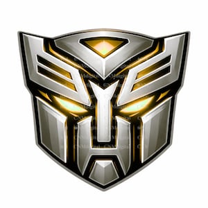 May include: A silver and gold Autobot logo, a stylized emblem with geometric shapes and glowing yellow accents. The design features a central face-like structure with angular lines and a bold, futuristic aesthetic. The logo is set against a white background.