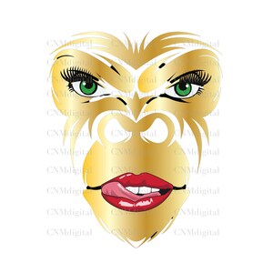 Gorilla Gold women head, digital INSTANT Download. Gorilla clip art, Wall Art Print, Home Decor, gorilla print on T shirts,