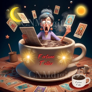 Chiromante del caffè turco, lettura del caffè turco, cartone di download digitale Chiromanzia, lettura della tazza Lettura dei tarocchi ciechi. cnmdigital