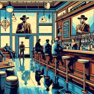 Hombres vaqueros en un bar salón Nueva York clipart descarga digital estilo popart Imagen única de un archivo JPG de vaqueros