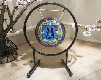 Gong tibetano de meditación de los siete chakras de 40 cm / Gong mandala de chakras pintado a mano / Gong de yoga budista con soporte / Gong de sanación sonora