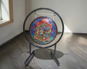 Tibetan Wheel of Life Gong 50cm | Hand-Painted Bhavachakra Meditation Gong | Buddhist Singing Gong with Stand