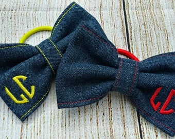 Personalized Monogram Jean Fabric Hair Bow, Denim Hair Bow, Monogram Bow,