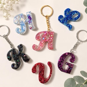 Chunky Glitter Letter Keychain, Script Letter Keychain, Cursive Letter Keychain, Script Letter Bag Charm, Cursive Letter Backpack Charm