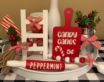 Candy cane tiered tray decor | candy cane tier tray decor | Christmas tiered tray decor | Candy Cane Decor