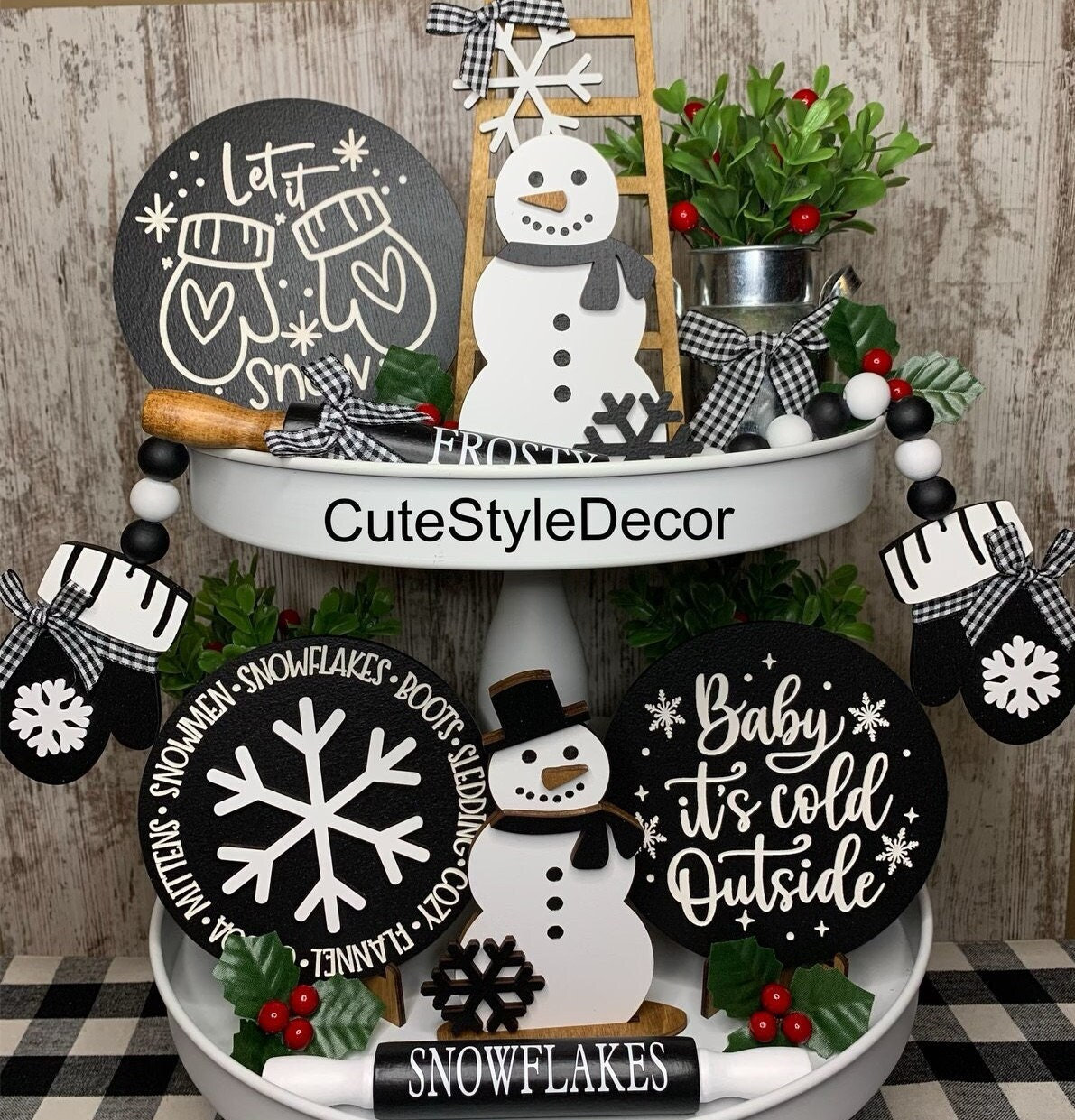 Winter Decor | Winter Signs | Winter Tiered Tray Decor, let it snow, mitten beaded garland, baby it's cold outside, snowflake, mini signs