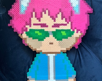 May include: A pink and blue pixel art character with green sunglasses. The character is wearing a blue jacket and pants. The character has a pink and white hair style with small pink and white beads on the sides.