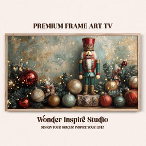 May include: A framed art print featuring a Christmas theme. A nutcracker soldier stands among ornaments and evergreen branches. The background is a textured, abstract painting with a color palette of teal, gold, and red. The text "PREMIUM FRAME ART TV" and "Wonder Inspire Studio" are visible.