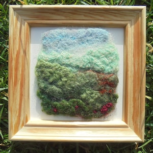 Hand felted and embroidered picture. Small Wet felt flower field with embroidered flowers. Signed, framed and ready to hang.