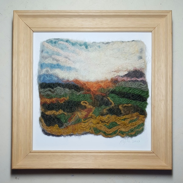 Hand felted landscape wool painting. Sunrise over fields. Wet felted wool picture.  Framed, signed and with hanging clips. 18.4cm x 18.4cm.
